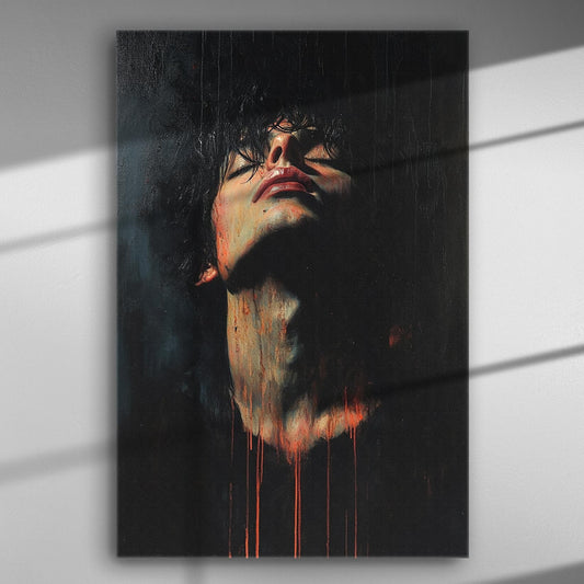 A dark expressive portrait with orange drips on a canvas.