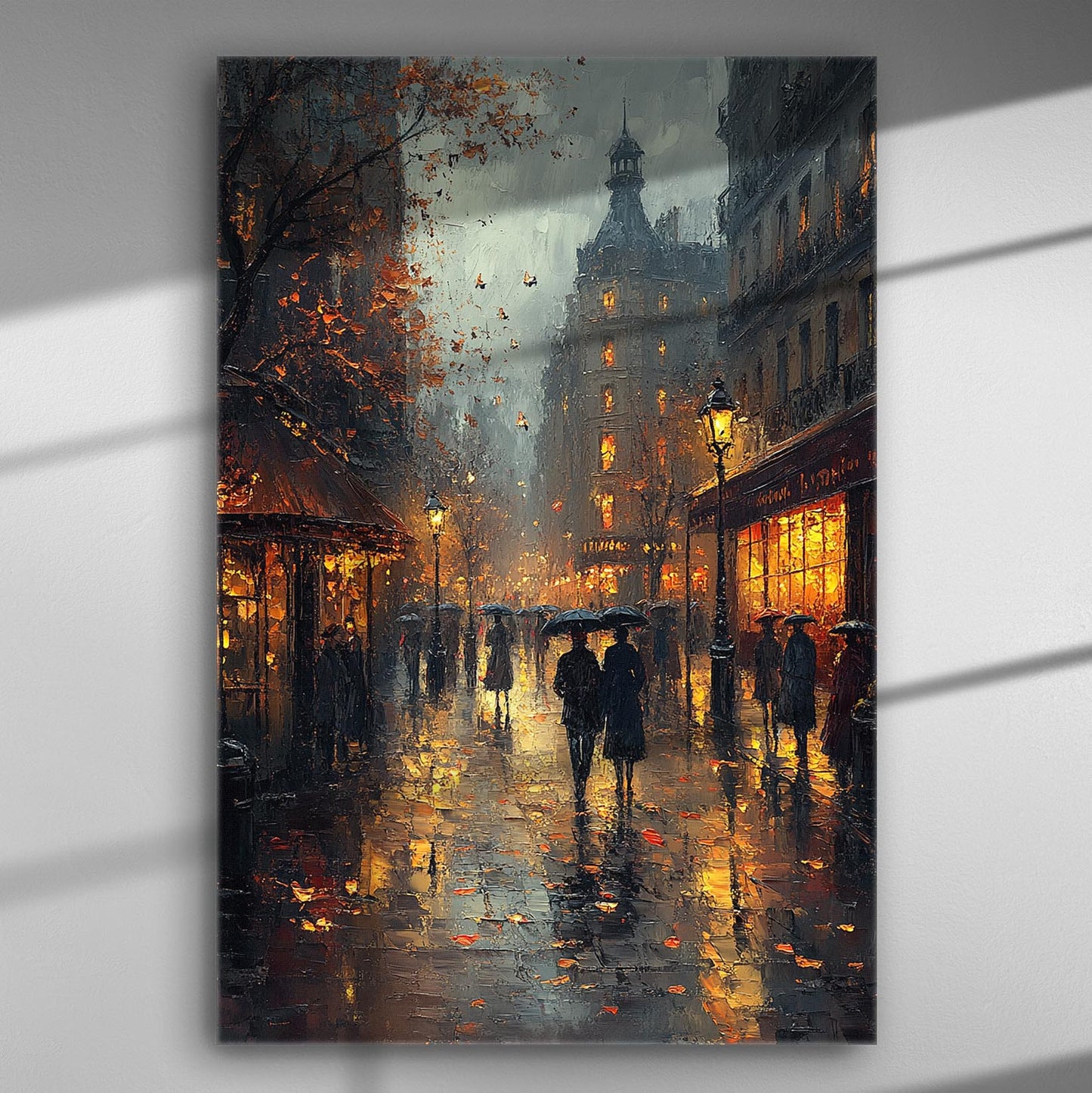 Canvas print showing a night scene in a rainy city with reflections of street lights and people with umbrellas.