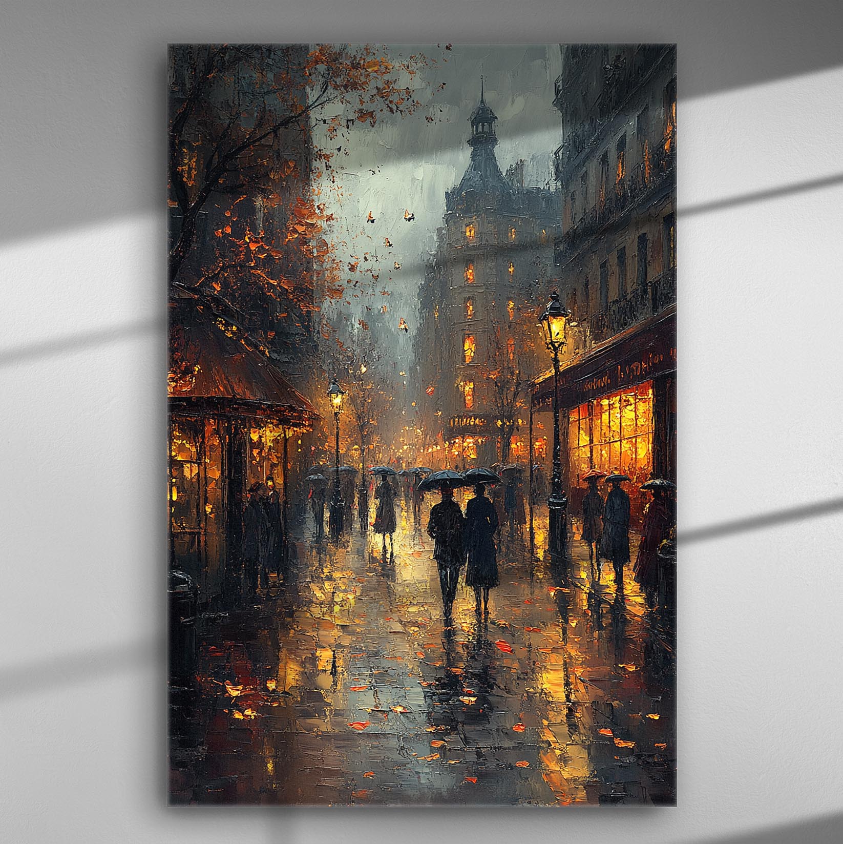 Canvas print showing a night scene in a rainy city with reflections of street lights and people with umbrellas.