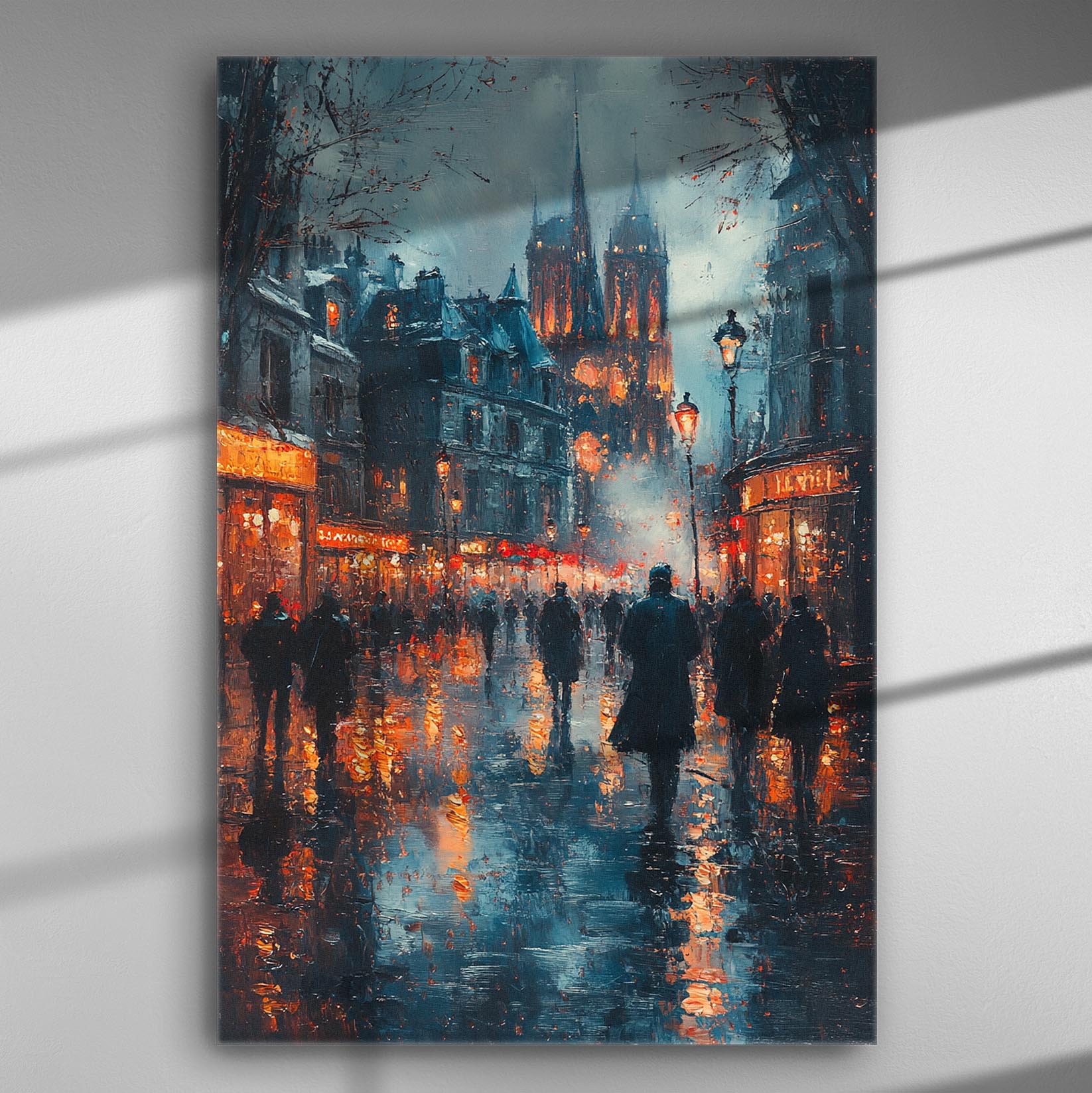 A rainy Paris street scene with reflections and cathedral in the background as a canvas print.