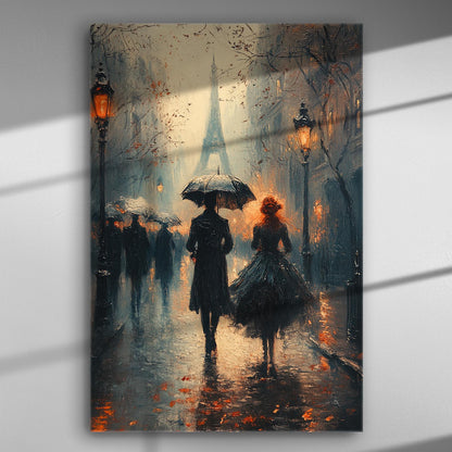 Romantic Paris stroll with umbrellas and Eiffel Tower in the background, rainy scene on canvas.