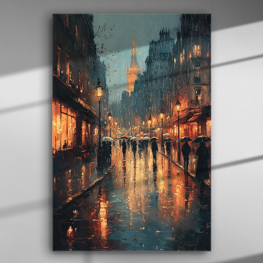 City scene in the rain with umbrellas and glowing streetlights on a canvas print.