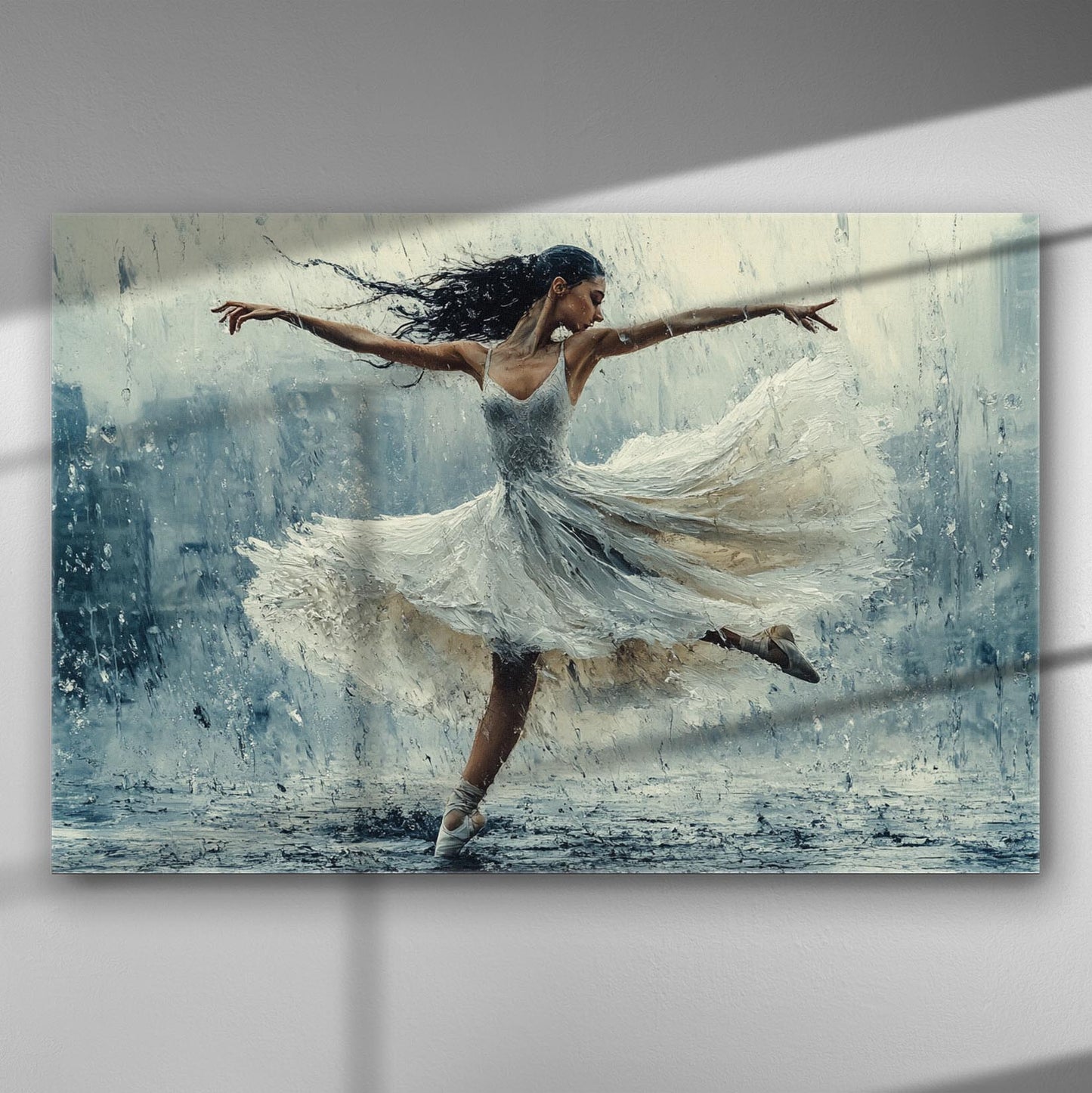 Dancer twirling in the rain with a flowing dress on a canvas print.