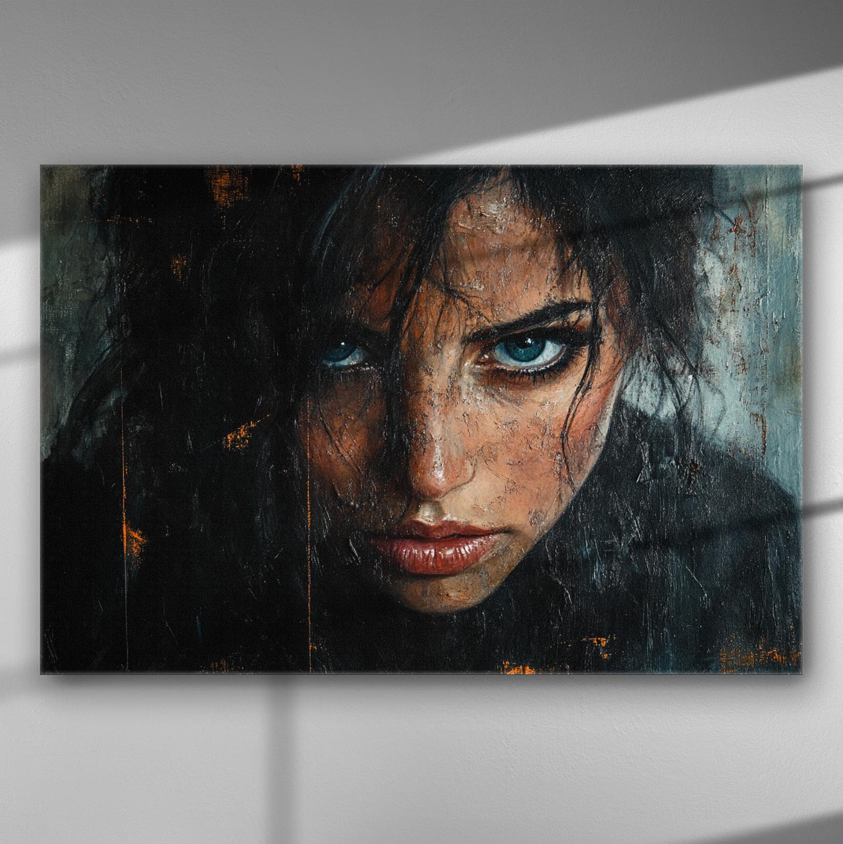 Portrait of a woman with intense gaze on a textured canvas.