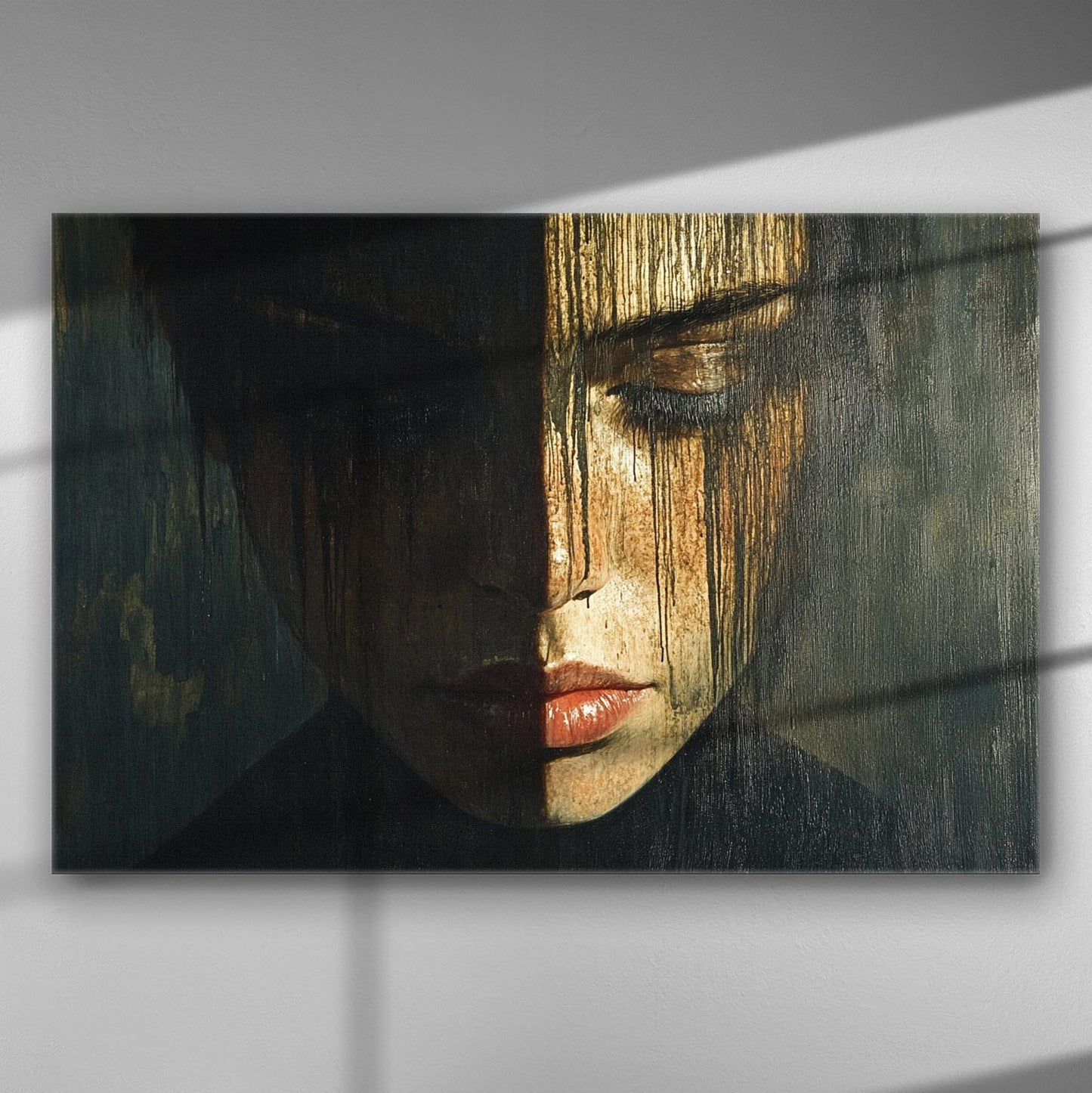 Dark expression portrait with shadow and flowing lines on canvas