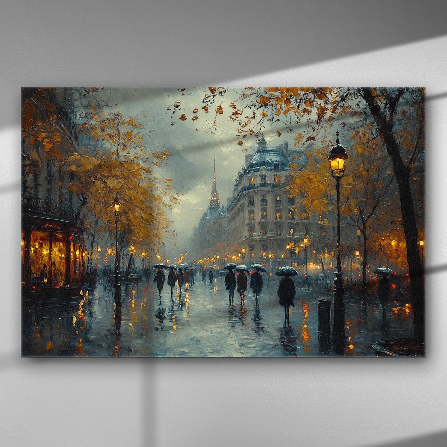 Rainy cityscape with people walking under umbrellas, illuminated street lamps, and a background of classic architecture.