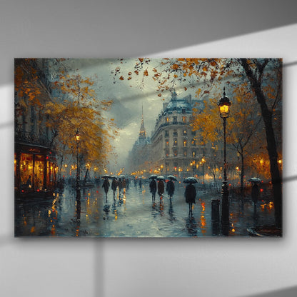 Rainy cityscape with people walking under umbrellas, illuminated street lamps, and a background of classic architecture.