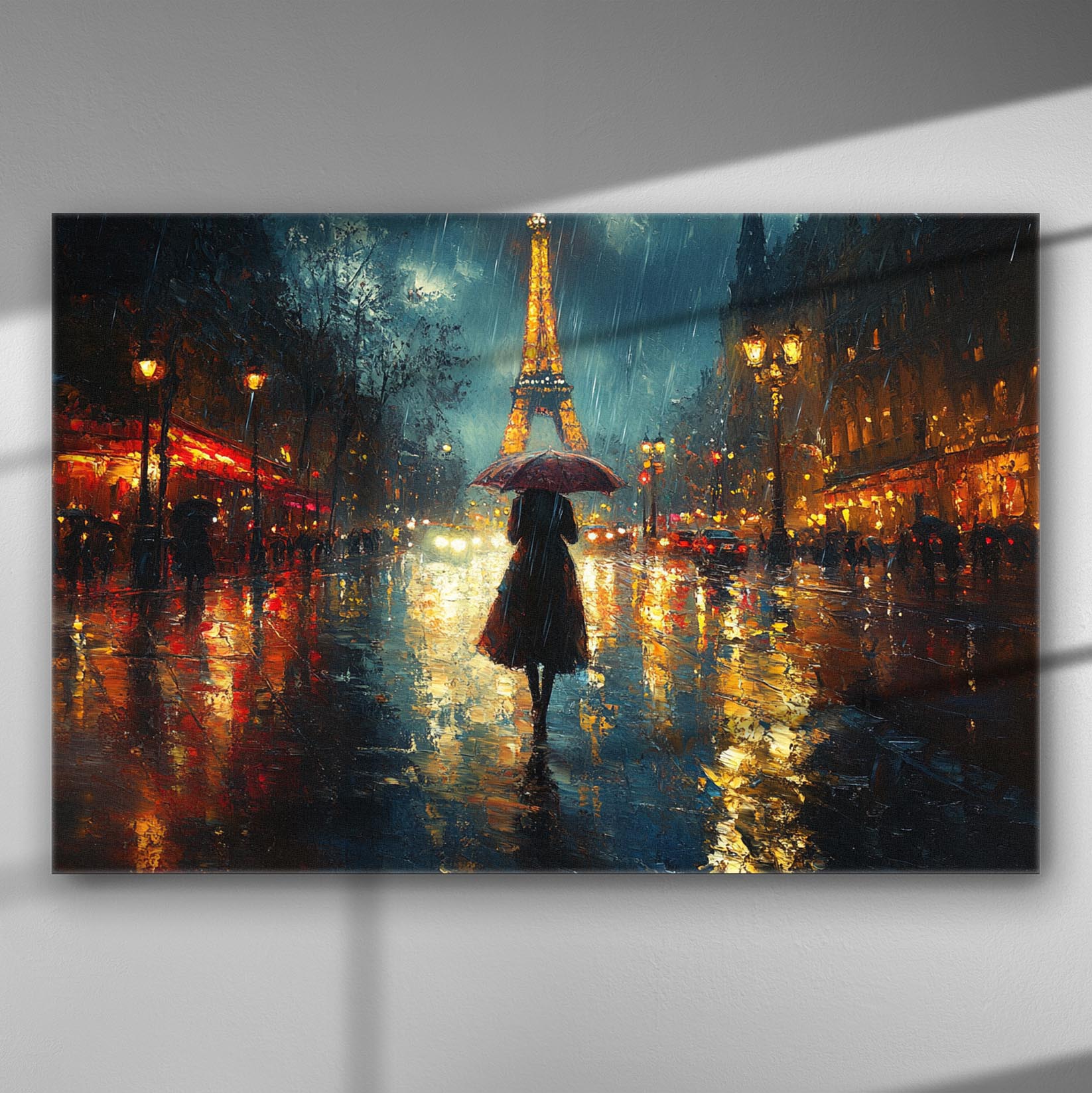 A night scene in Paris with a woman under a red umbrella on a rainy street, Eiffel Tower in the background.