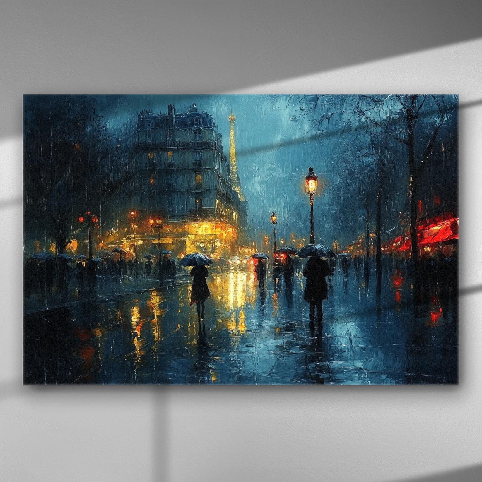 Nighttime scene in Paris with people walking under umbrellas on a rainy street, illuminated by street lamps and city lights.