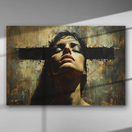 A dramatic portrait of a woman in deep thought with bold use of light and shadow on a canvas.
