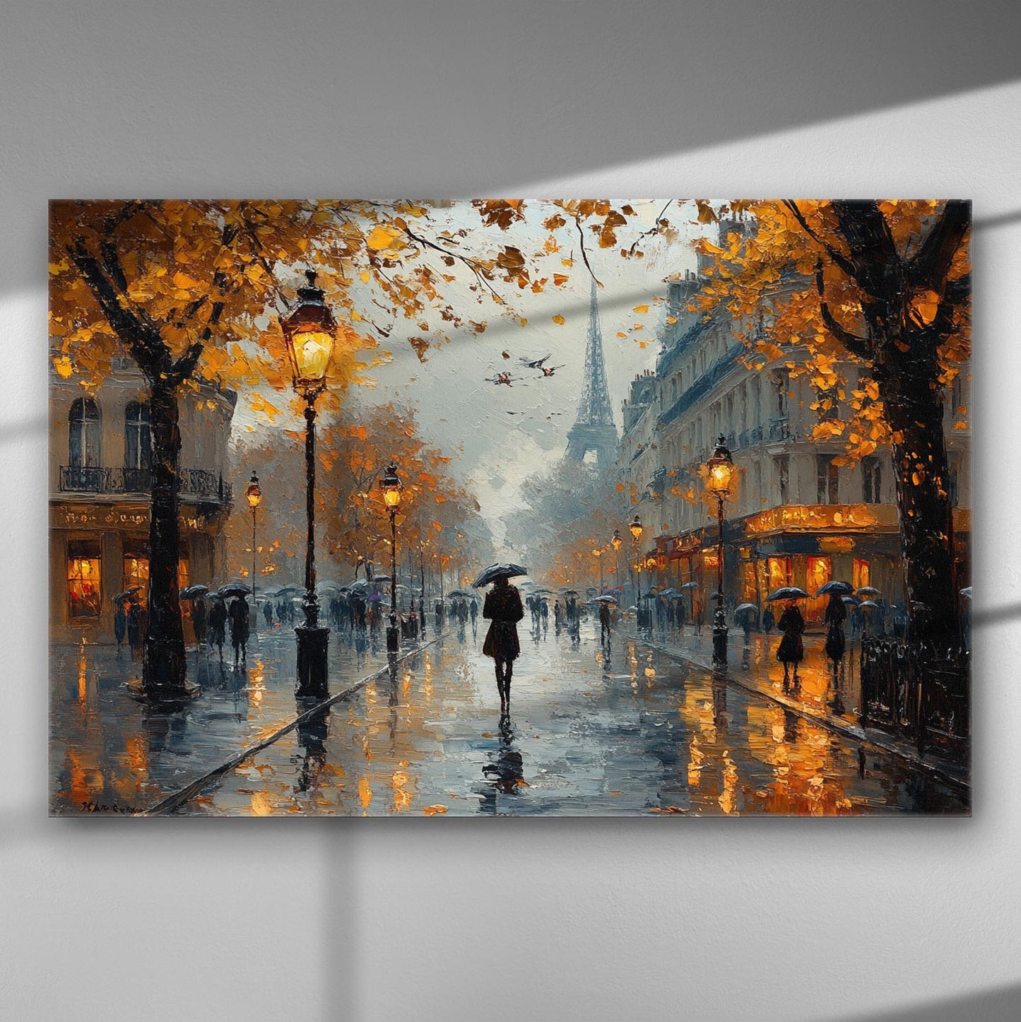 Autumn in Paris street with Eiffel Tower, vibrant colors of leaves, and pedestrians with umbrellas.