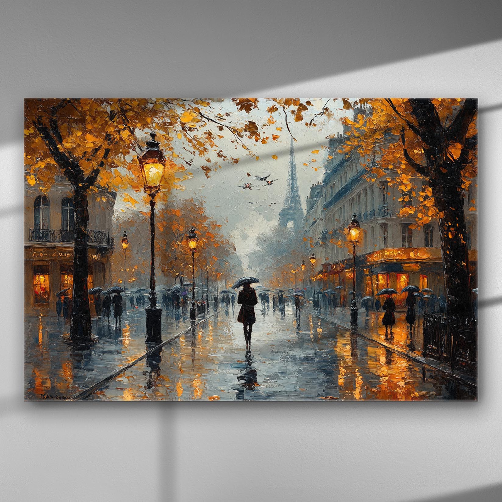 Autumn in Paris street with Eiffel Tower, vibrant colors of leaves, and pedestrians with umbrellas.