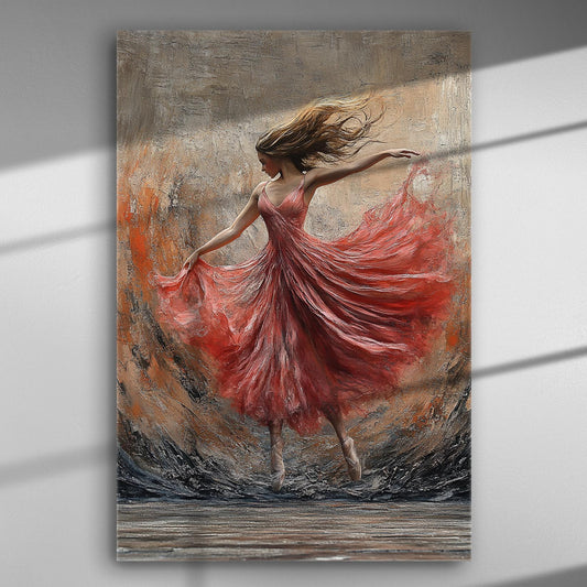 A dynamic painting of a dancer in a fiery dress, swirling with grace.