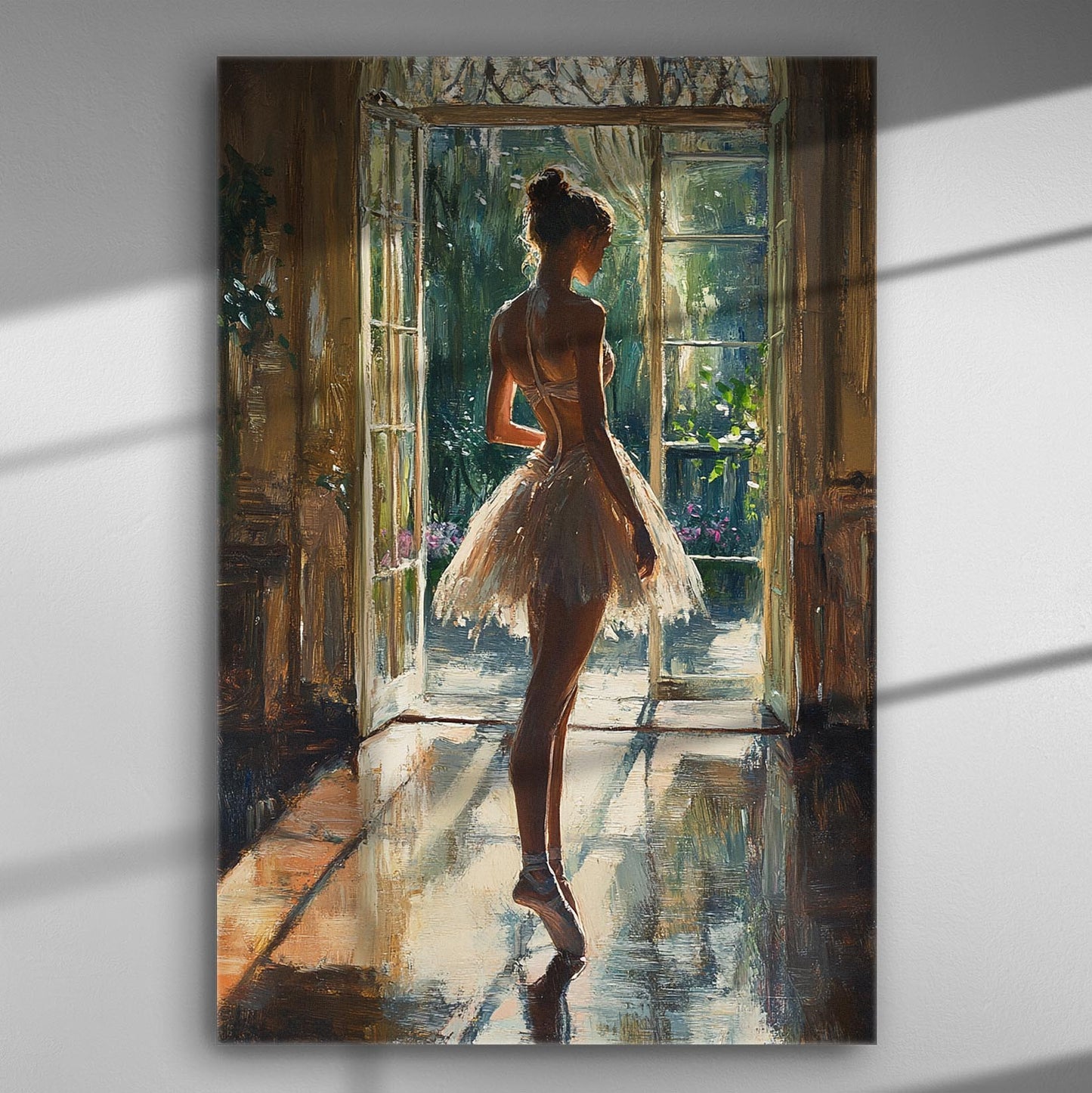 A ballerina standing in the sunlight with a window backdrop, captured in an artistic style on canvas.