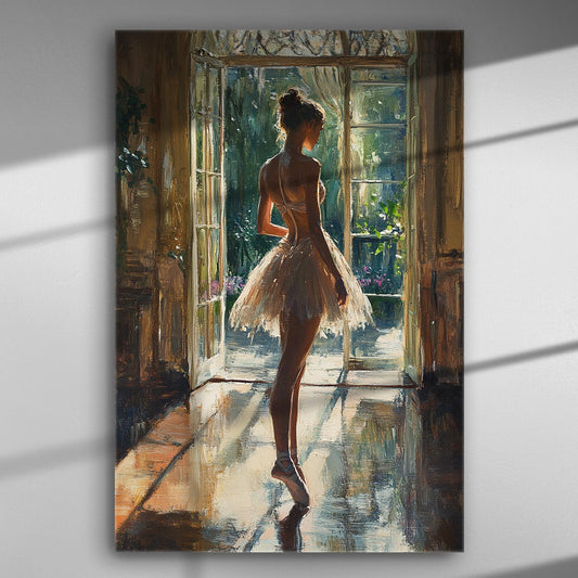 A ballerina standing in the sunlight with a window backdrop, captured in an artistic style on canvas.