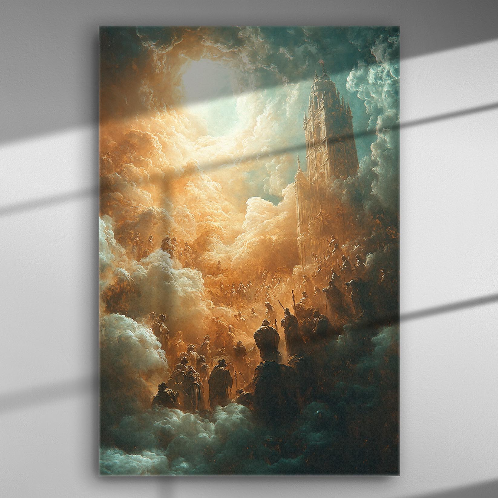 Artistic depiction of a celestial realm with towers amidst clouds of fire and smoke.