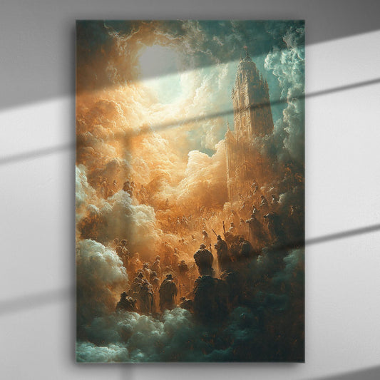 Artistic depiction of a celestial realm with towers amidst clouds of fire and smoke.