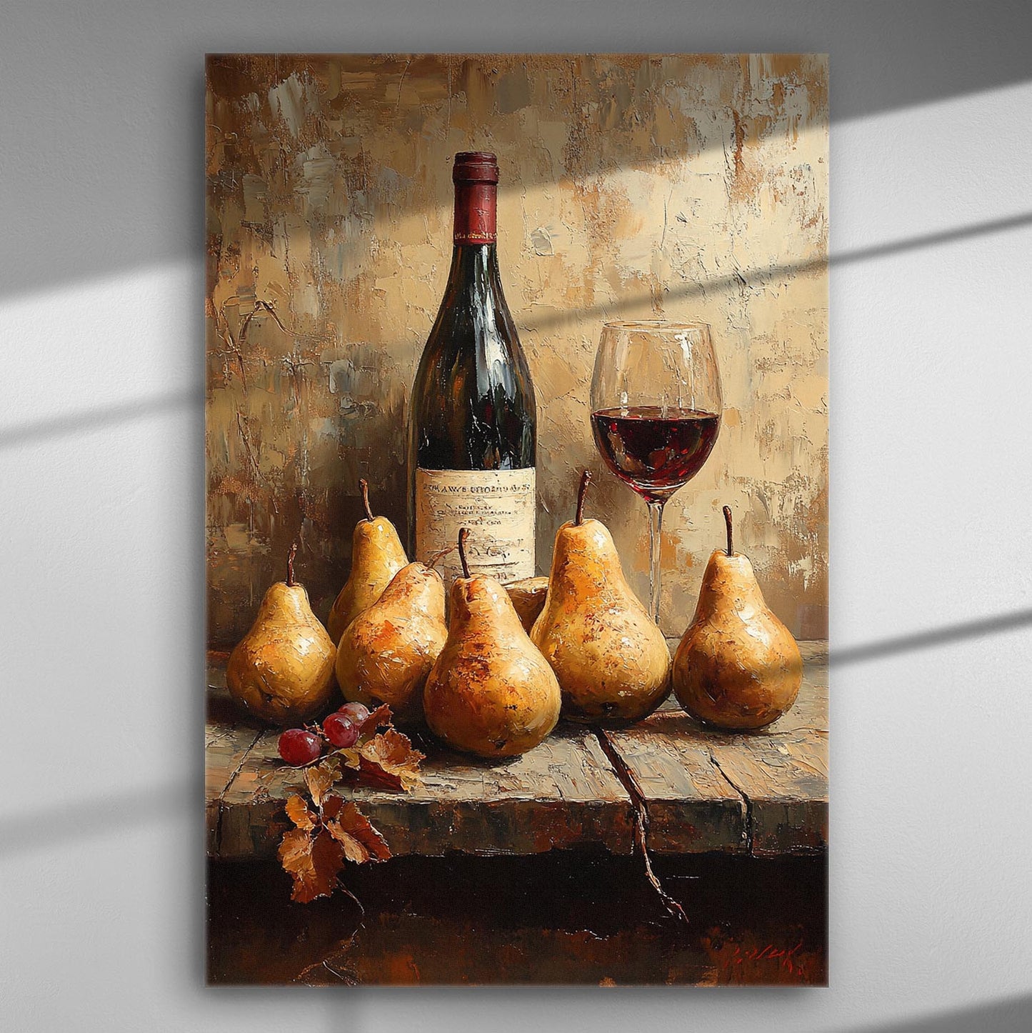 A canvas print depicting a bottle of wine, a glass, and ripe pears.
