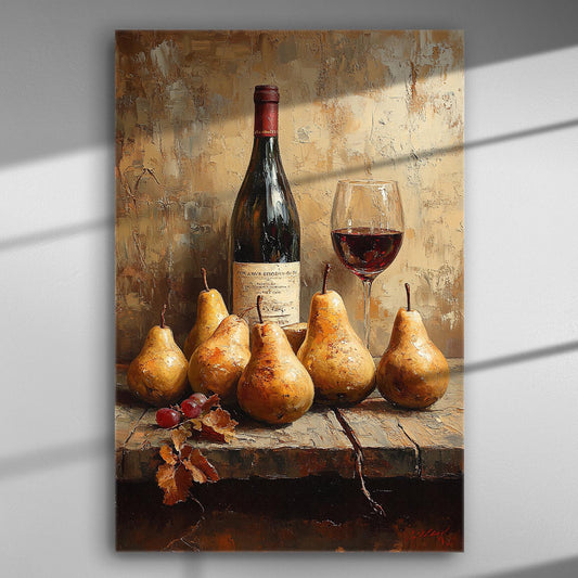 A canvas print depicting a bottle of wine, a glass, and ripe pears.