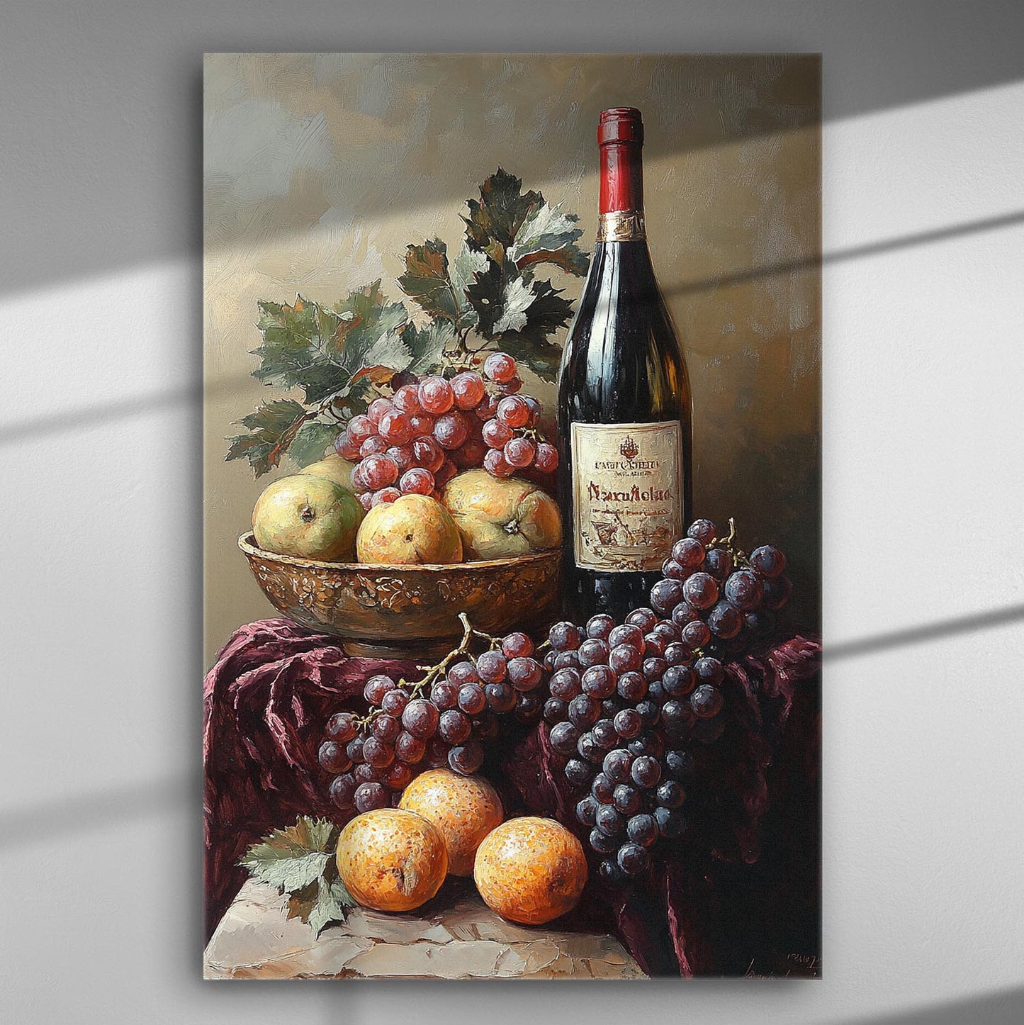 A still life painting featuring grapes, apples, and a wine bottle on a canvas.