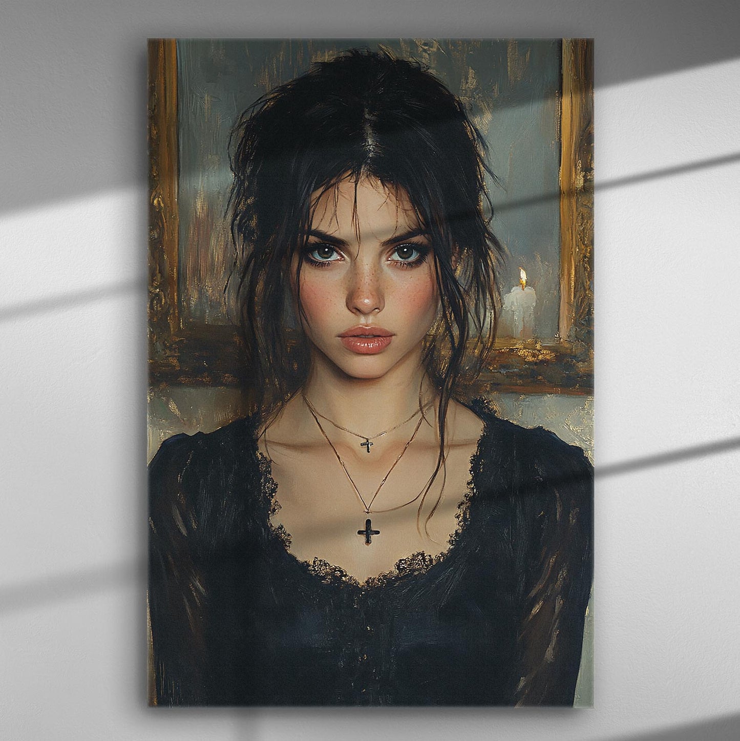 A mysterious woman with dark hair and intense gaze, with a candlelit background, captured in a canvas print.