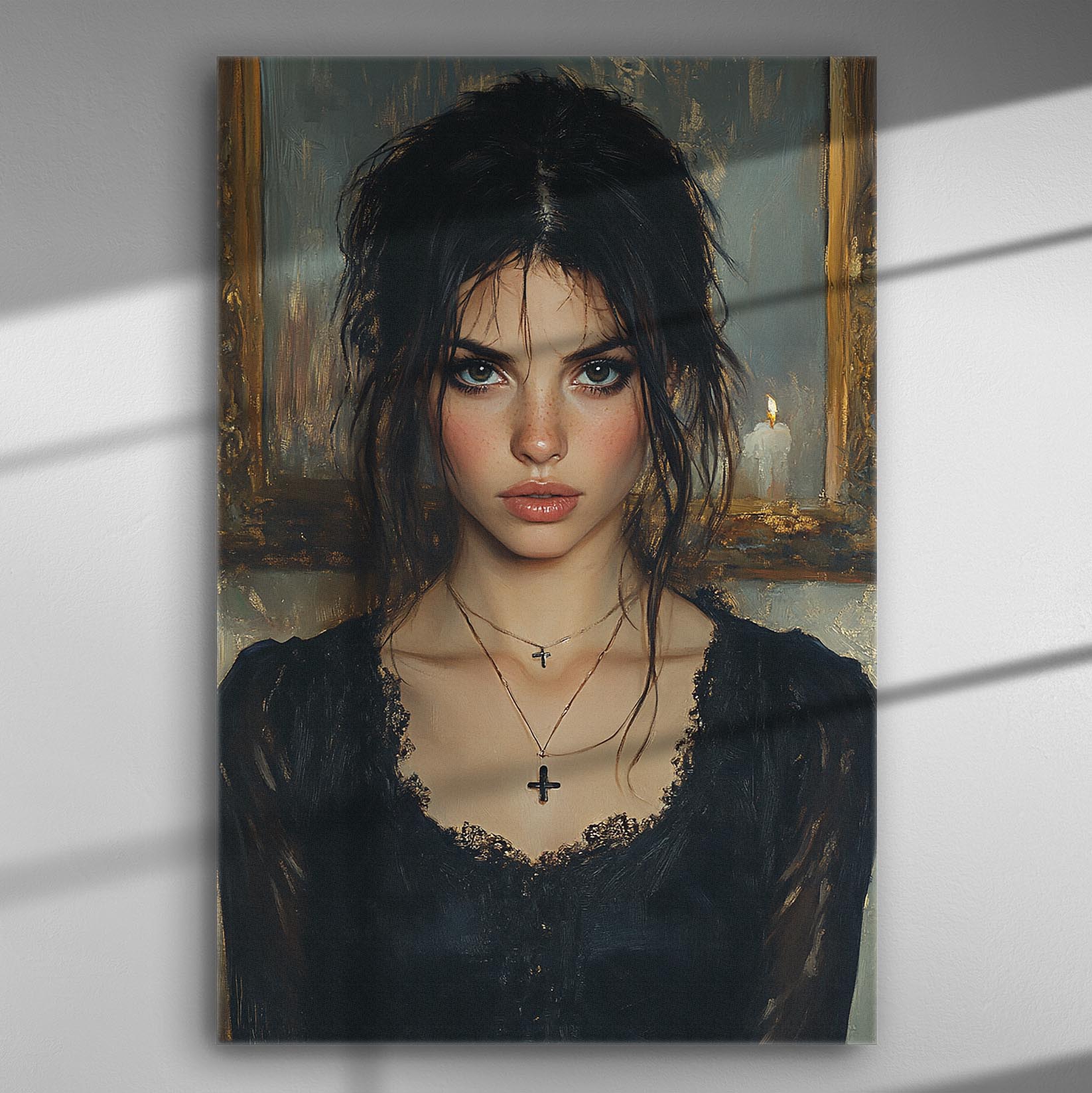 A mysterious woman with dark hair and intense gaze, with a candlelit background, captured in a canvas print.