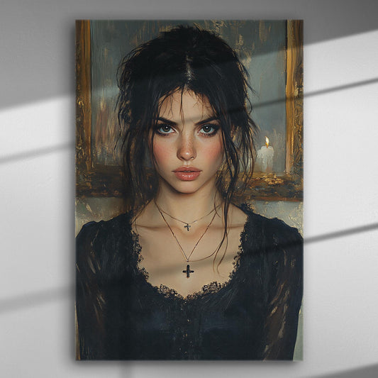 A mysterious woman with dark hair and intense gaze, with a candlelit background, captured in a canvas print.