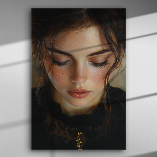 Close-up of a young woman with closed eyes on canvas with gentle lighting.