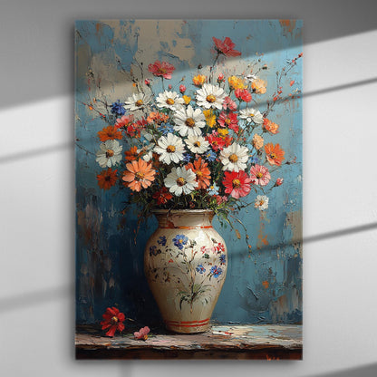 A vibrant bouquet of flowers in a detailed vase on a canvas print, featuring various colors and a textured background.