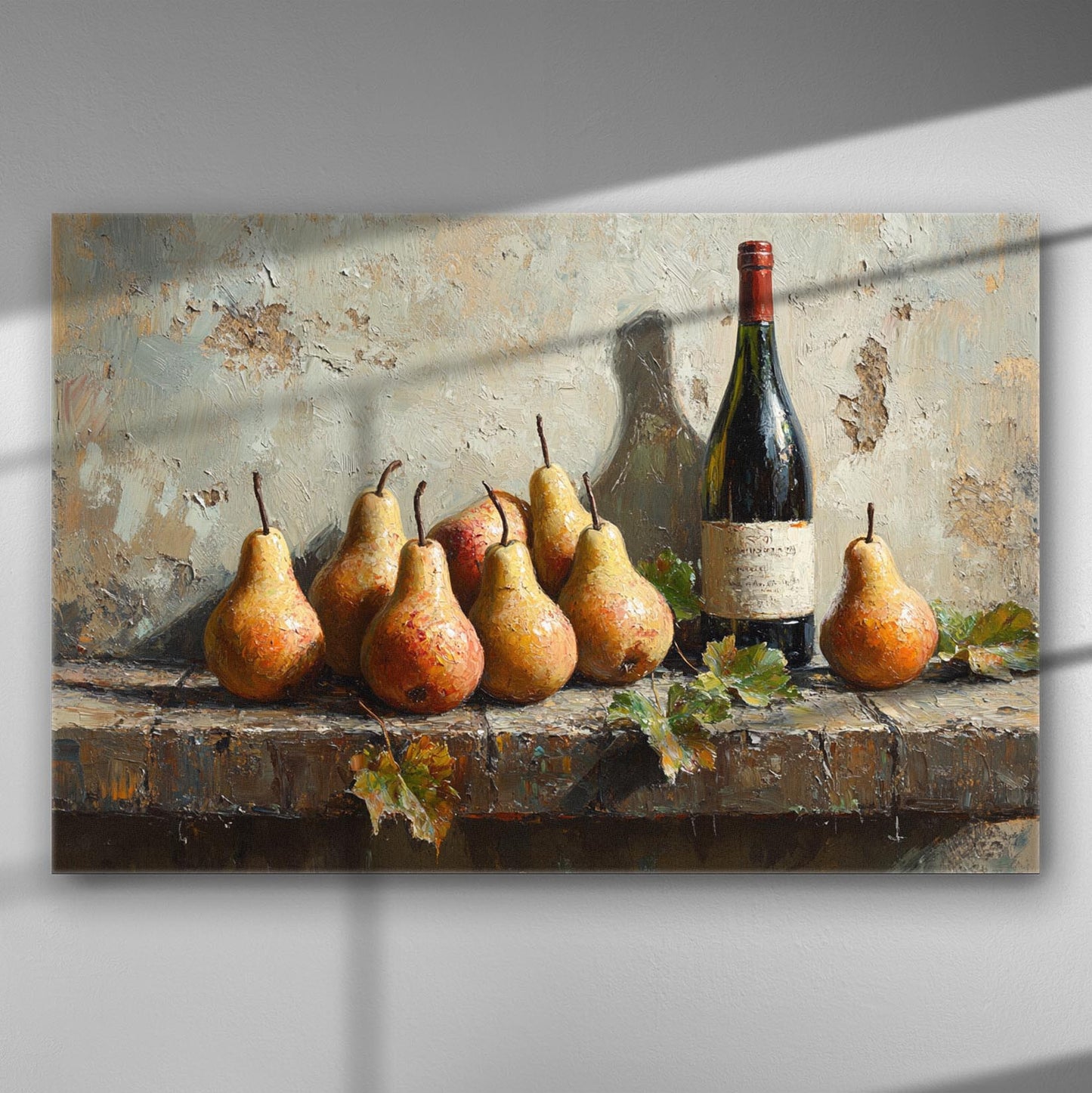 Canvas print of pears and wine bottle in a rustic autumn setting.