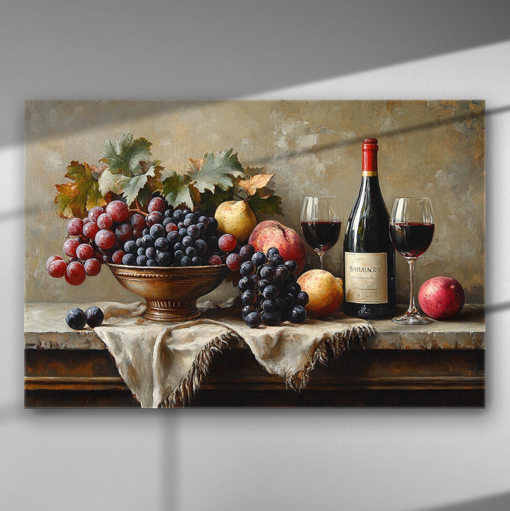 Still life of fruits and wine in a classical setting on canvas.
