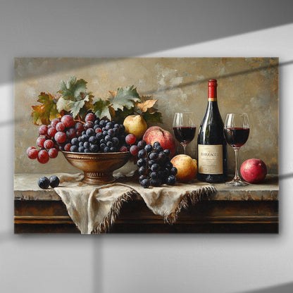 Still life of fruits and wine in a classical setting on canvas.