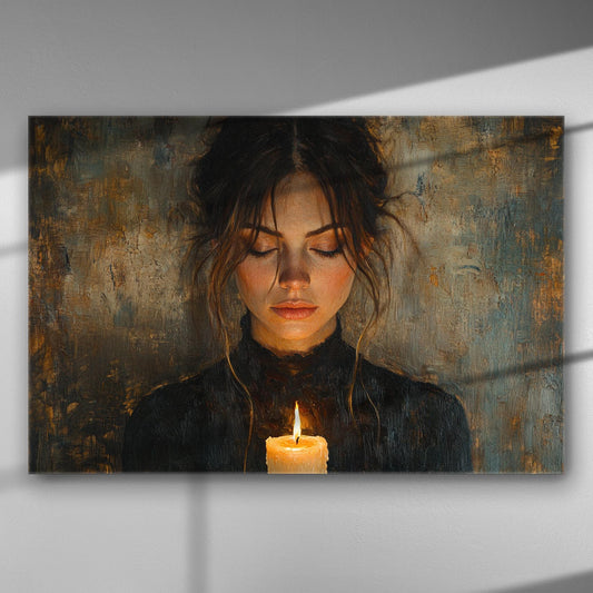 A portrait of a woman holding a candle, painted with warm colors on a textured background.