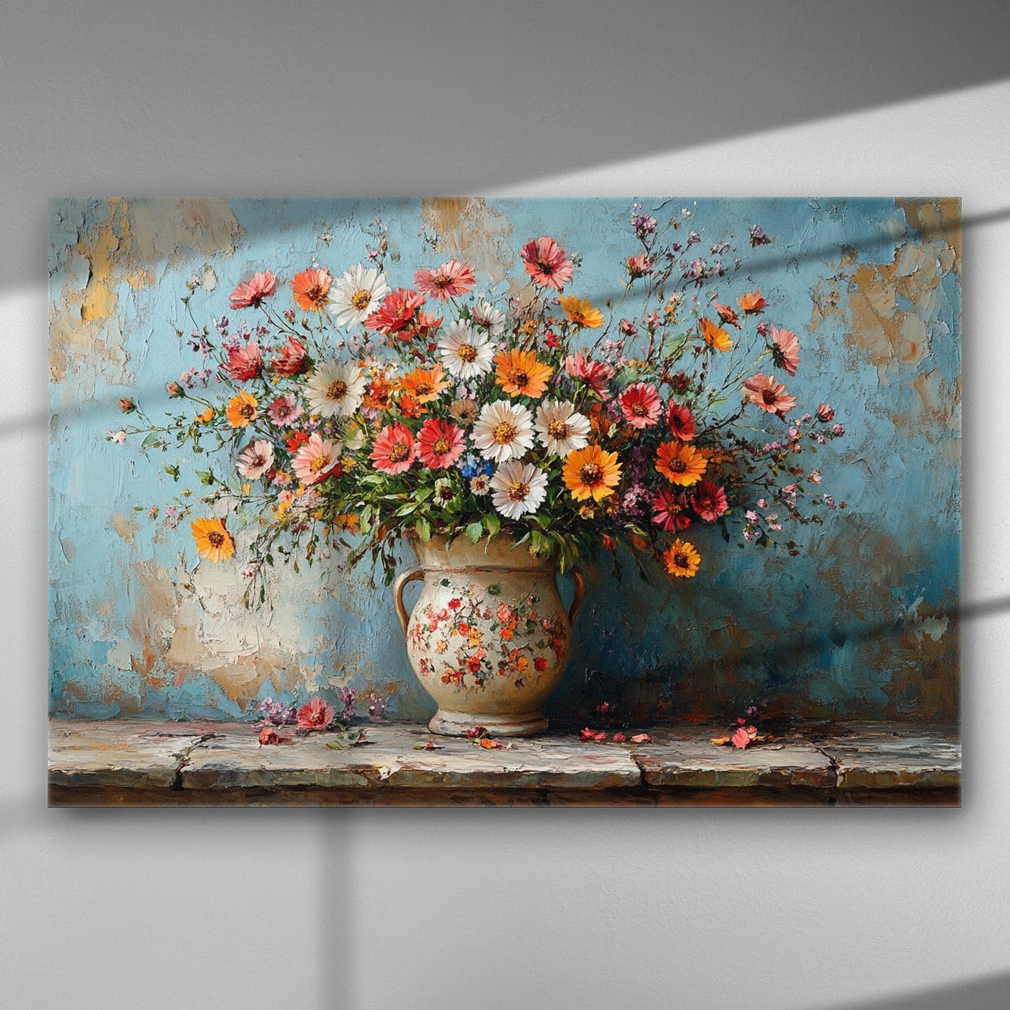 Canvas print of a vibrant floral arrangement in a decorative vase with a rustic background.