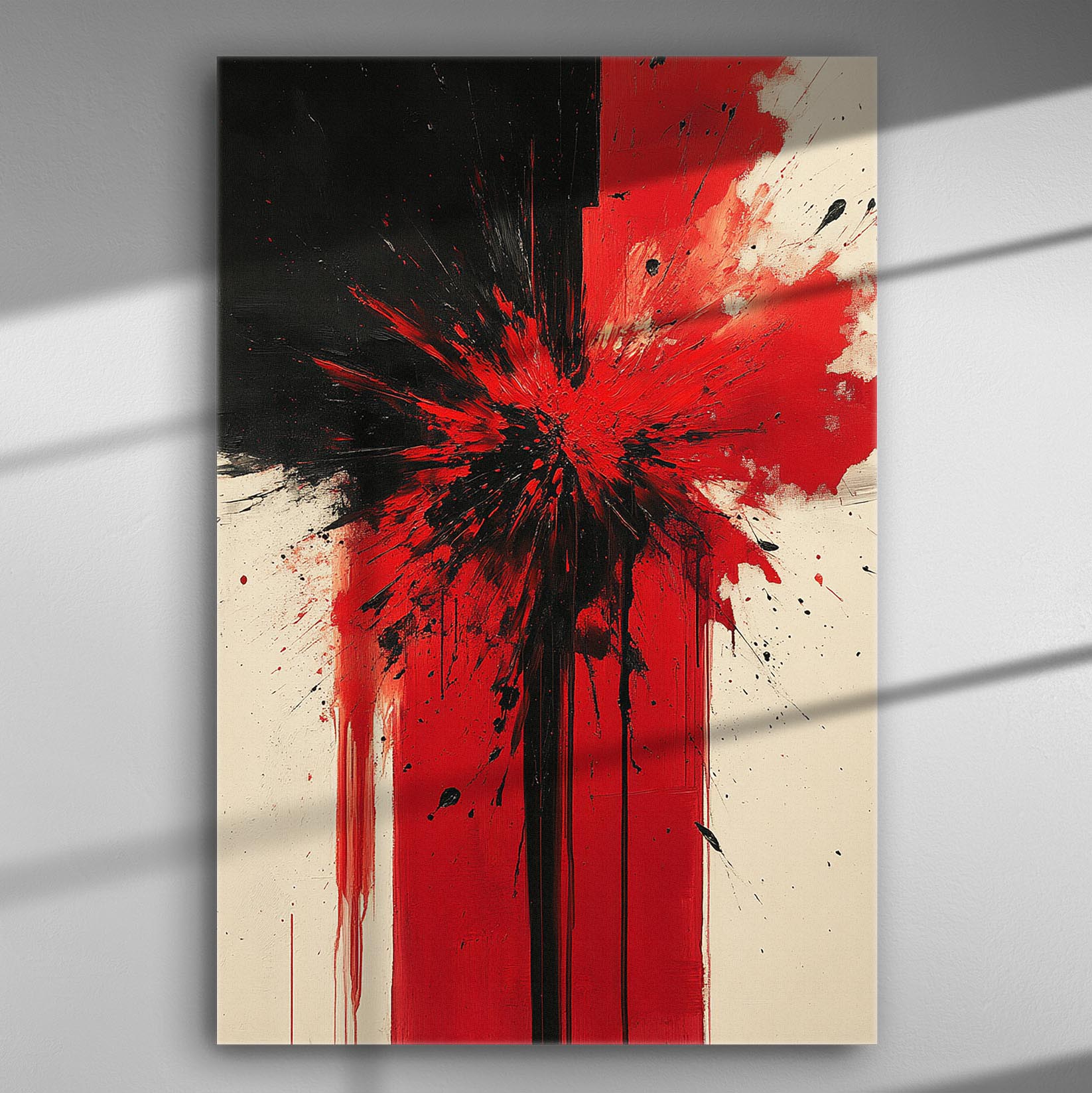 Abstract painting with explosive red and black colors on canvas.