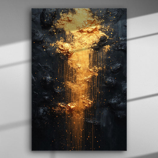 Golden abstract art with a cascade effect on a dark background canvas.