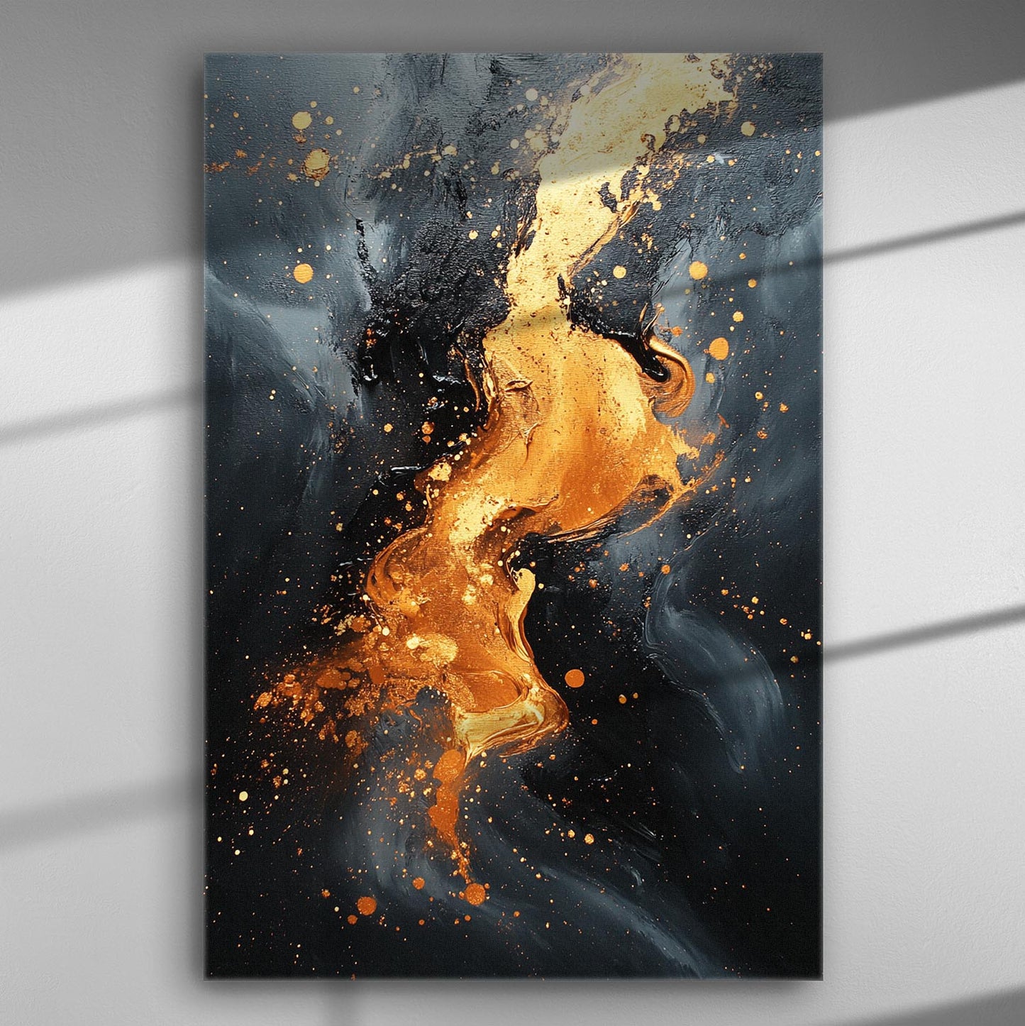 Abstract artwork depicting swirling gold flames on a dark blue background canvas.
