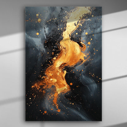 Abstract artwork depicting swirling gold flames on a dark blue background canvas.