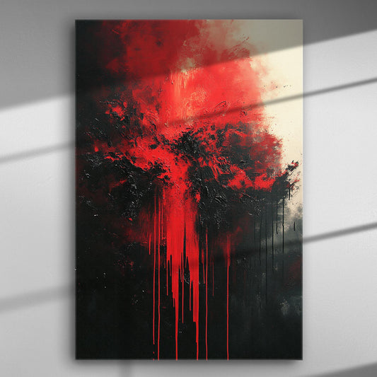 Abstract canvas print with red and black explosive textures, creating a dynamic visual contrast.