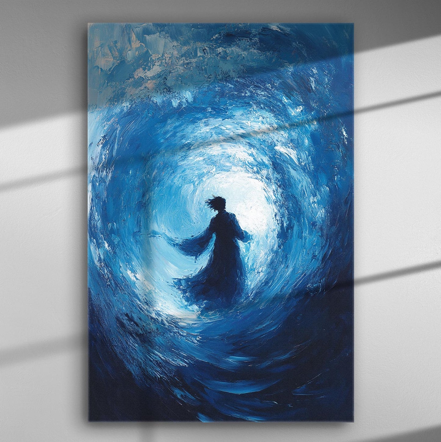 Silhouette of a figure in blue swirling light on a canvas painting.