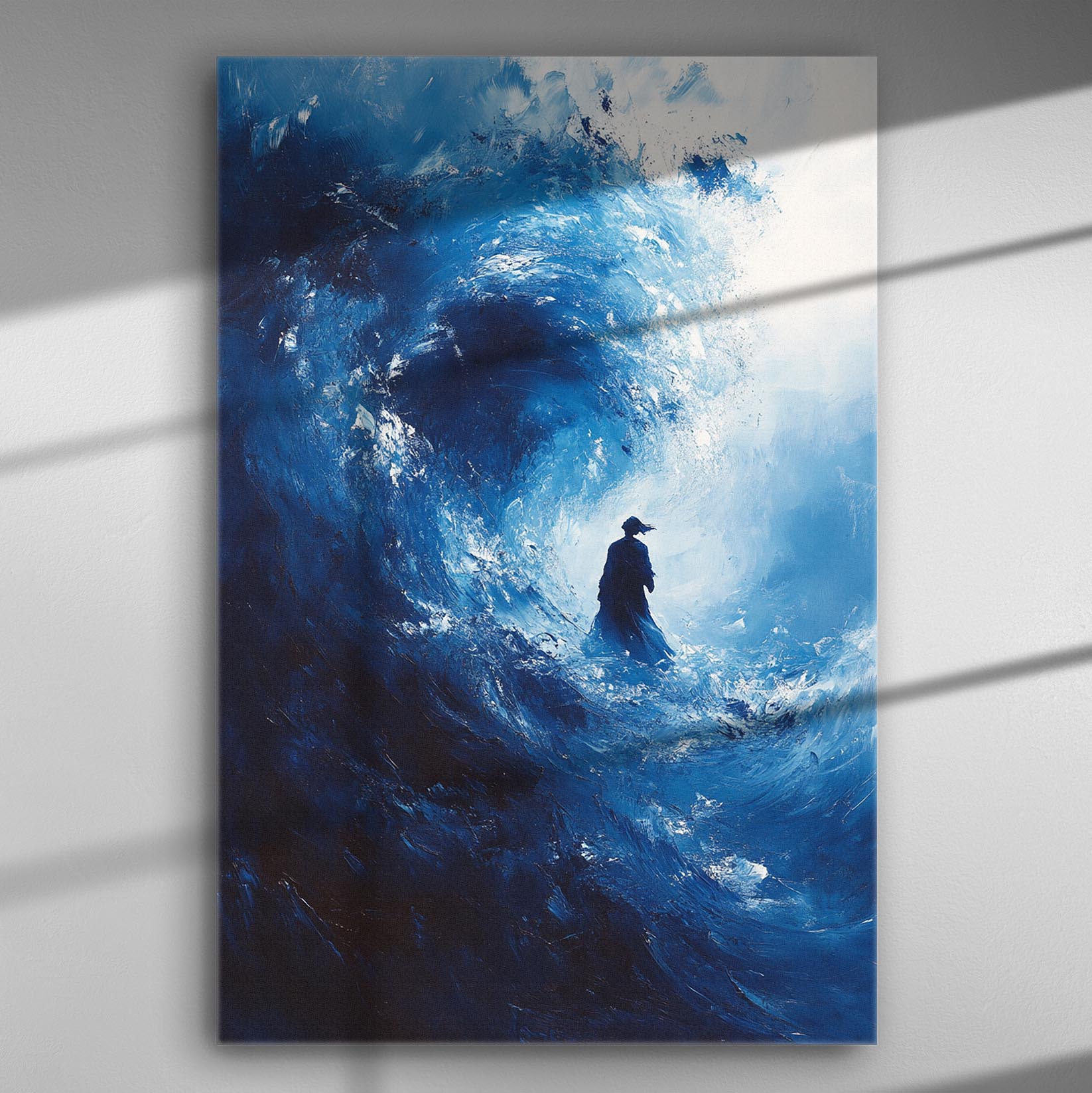 Dramatic ocean wave with solitary figure in blue tones, depicting a stormy sea.