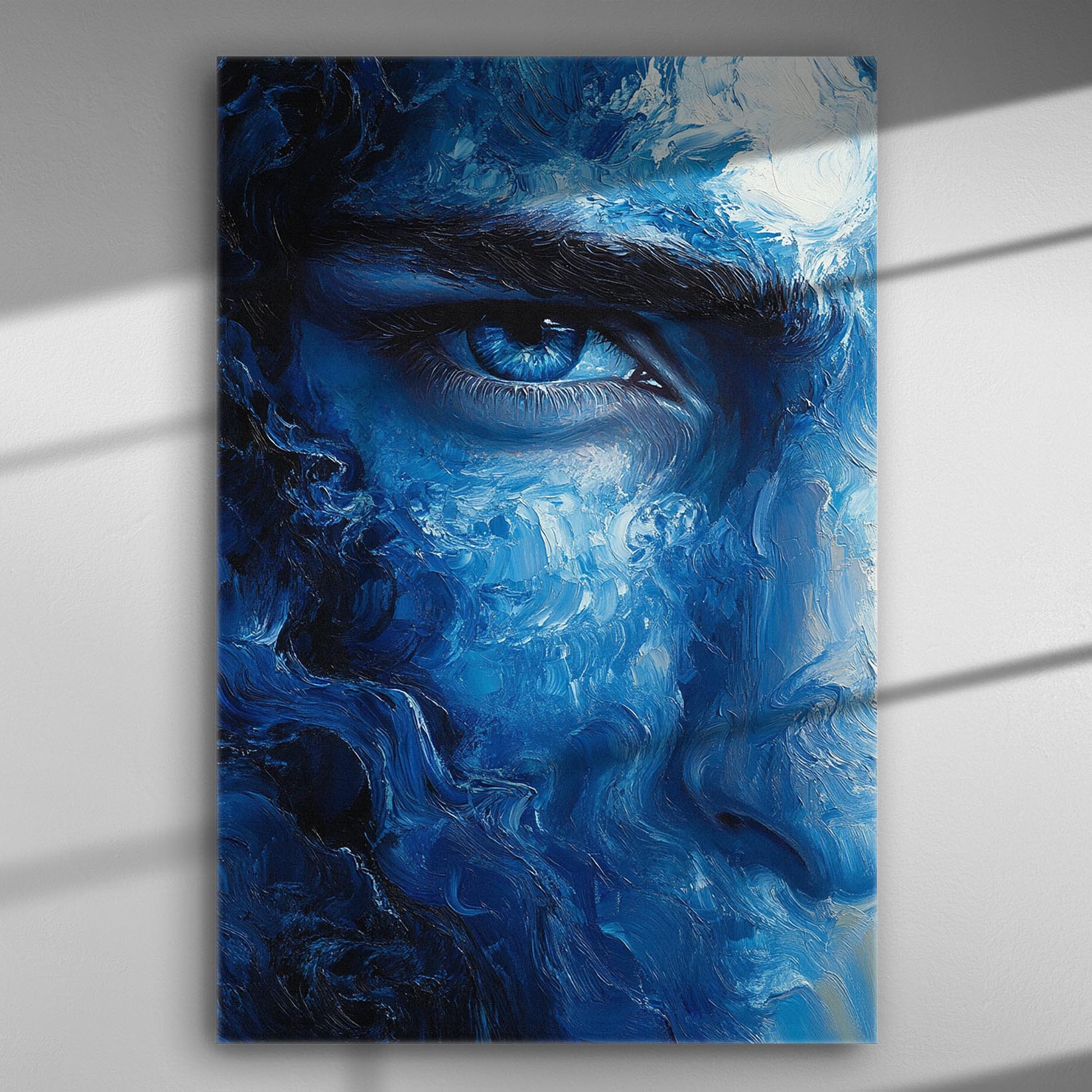 Abstract painting of a blue eye with swirling blue shades on canvas.