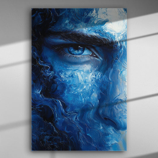 Abstract painting of a blue eye with swirling blue shades on canvas.