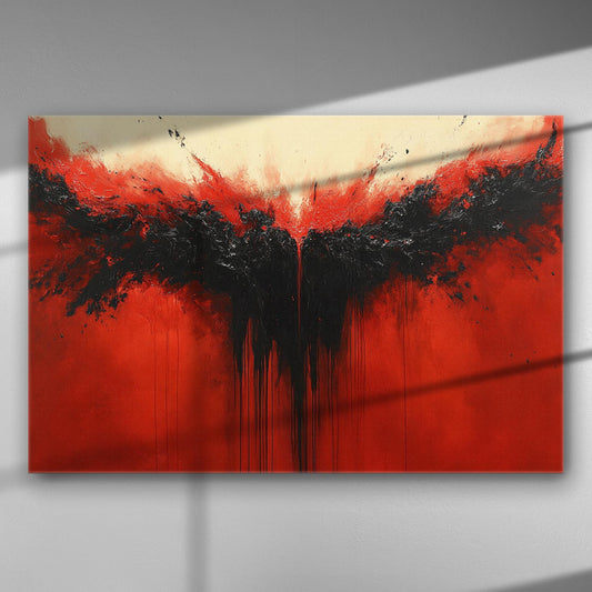 Abstract canvas print with explosive red and black colors forming a dramatic storm-like pattern.