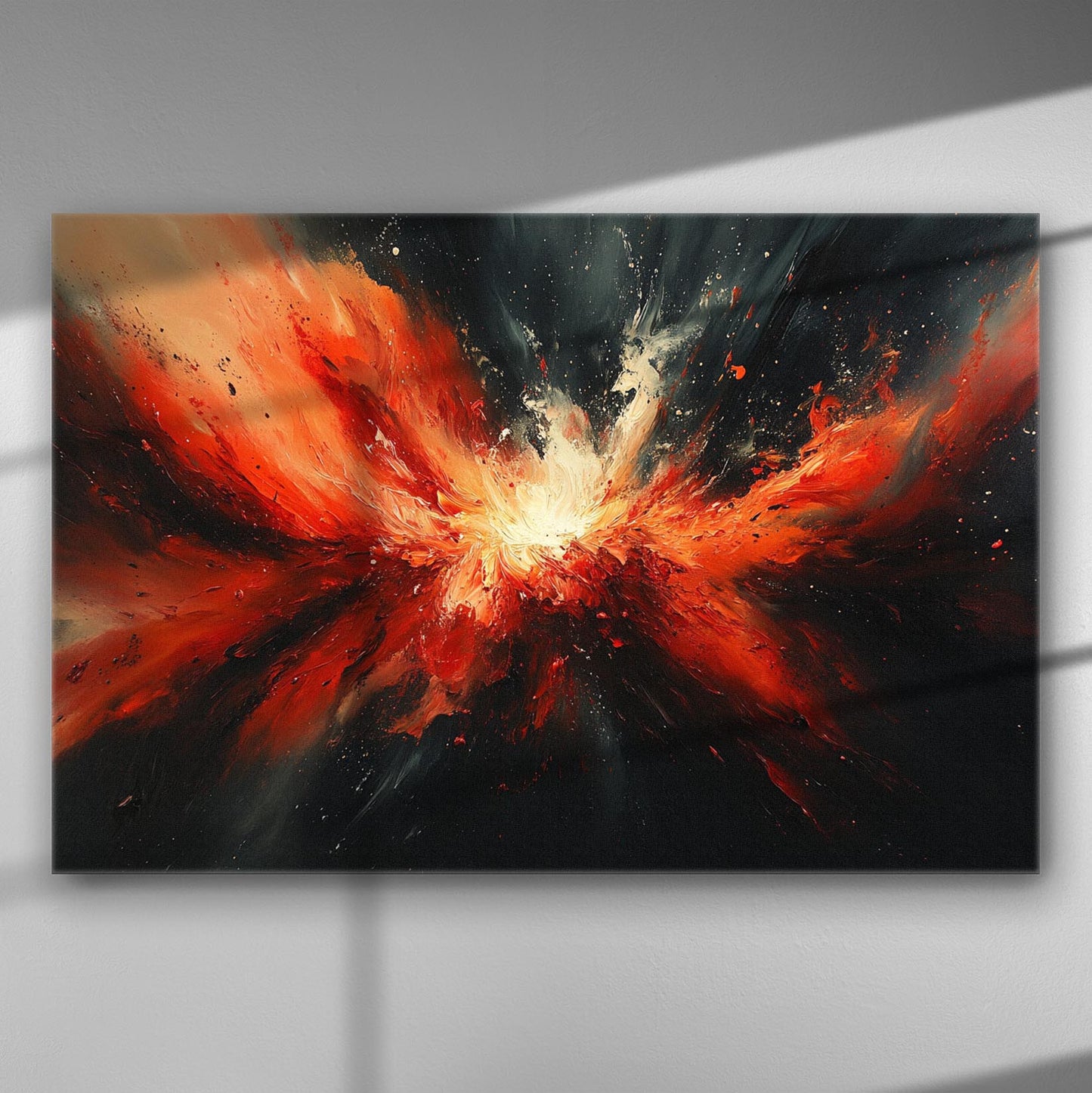 Abstract explosion of red and orange colors on a dark canvas background.
