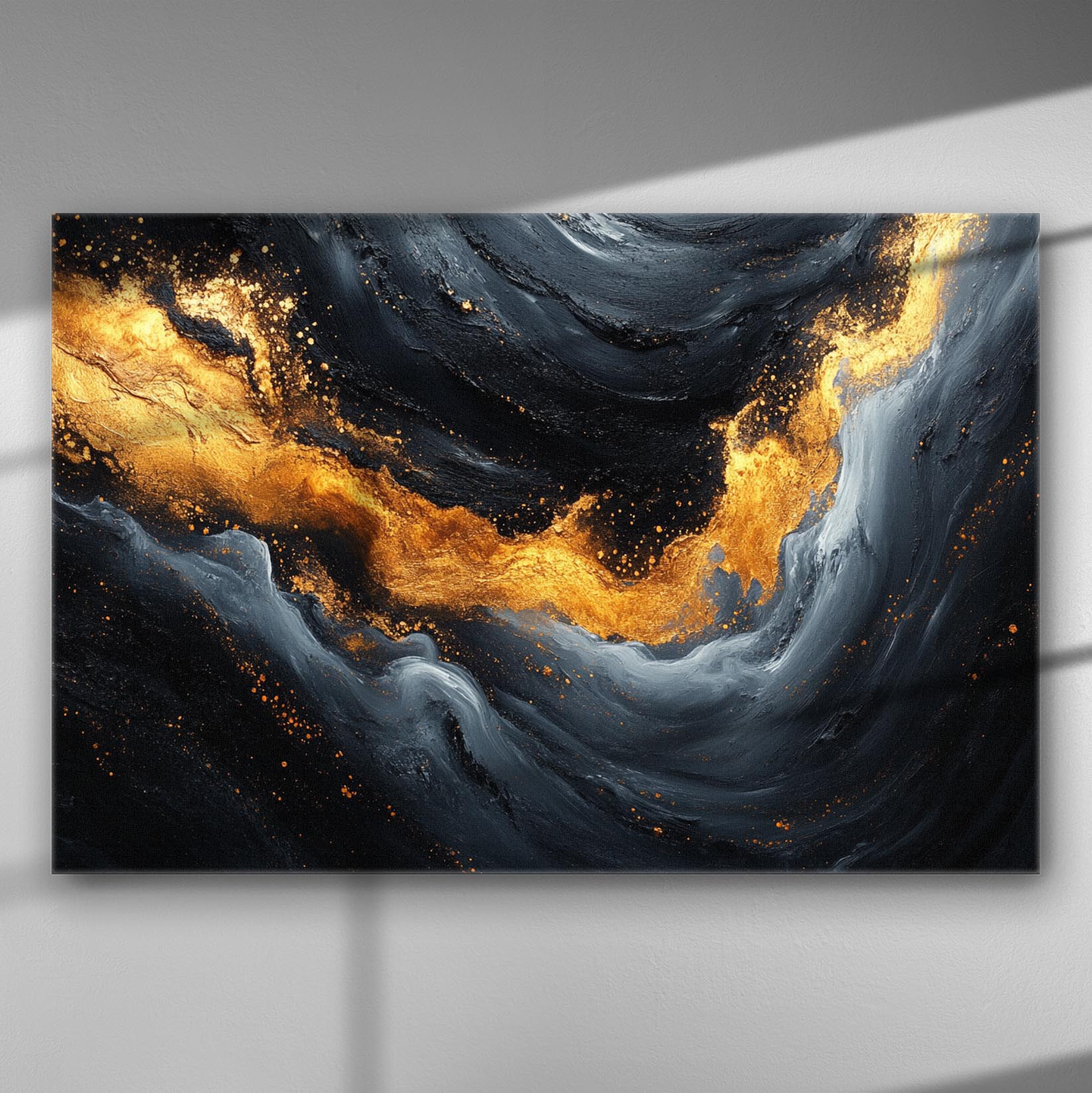 Abstract gold and black swirling pattern canvas art.