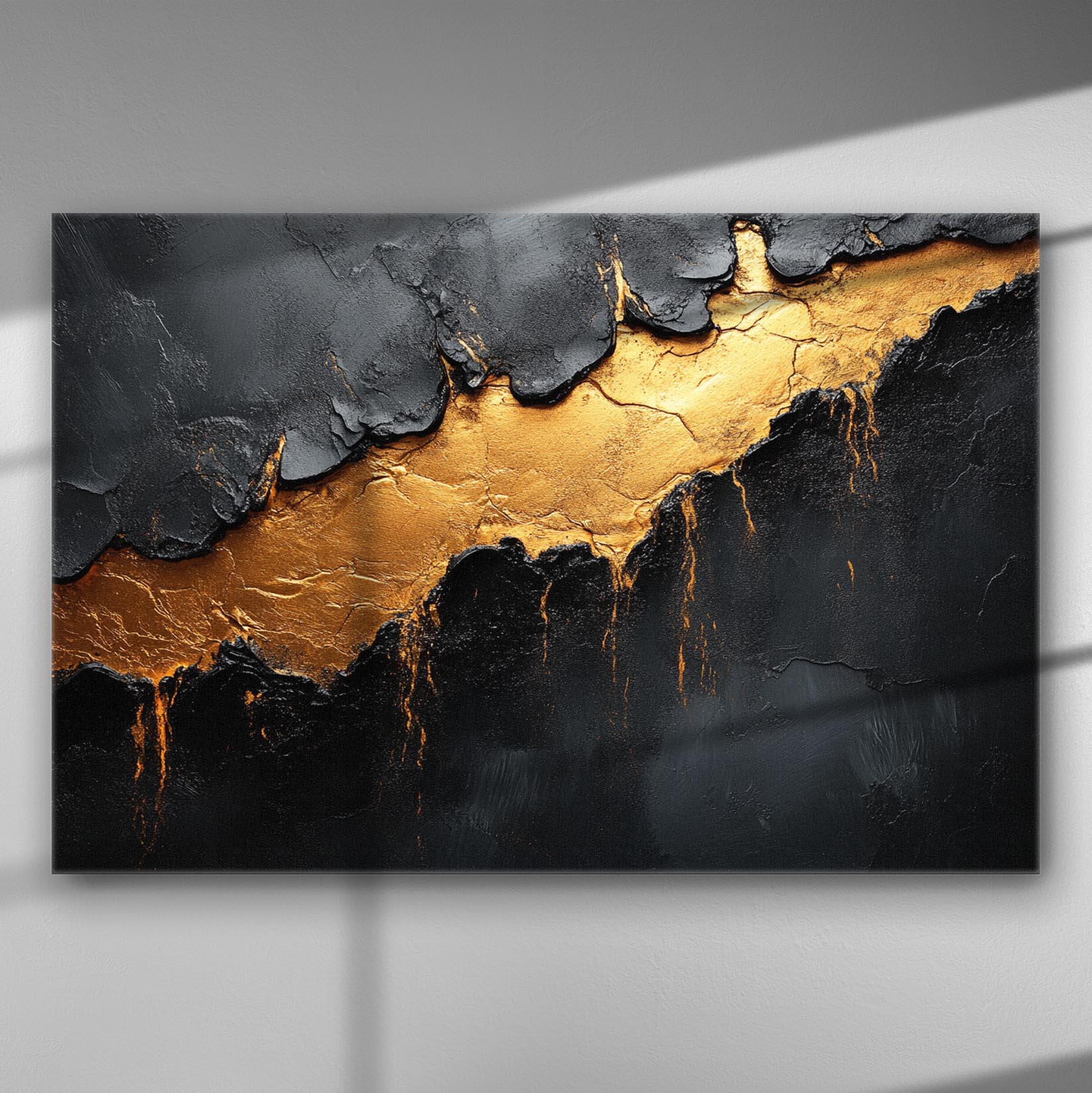 Abstract canvas art with dramatic black and gold contrast, depicted as a crack running across the canvas.
