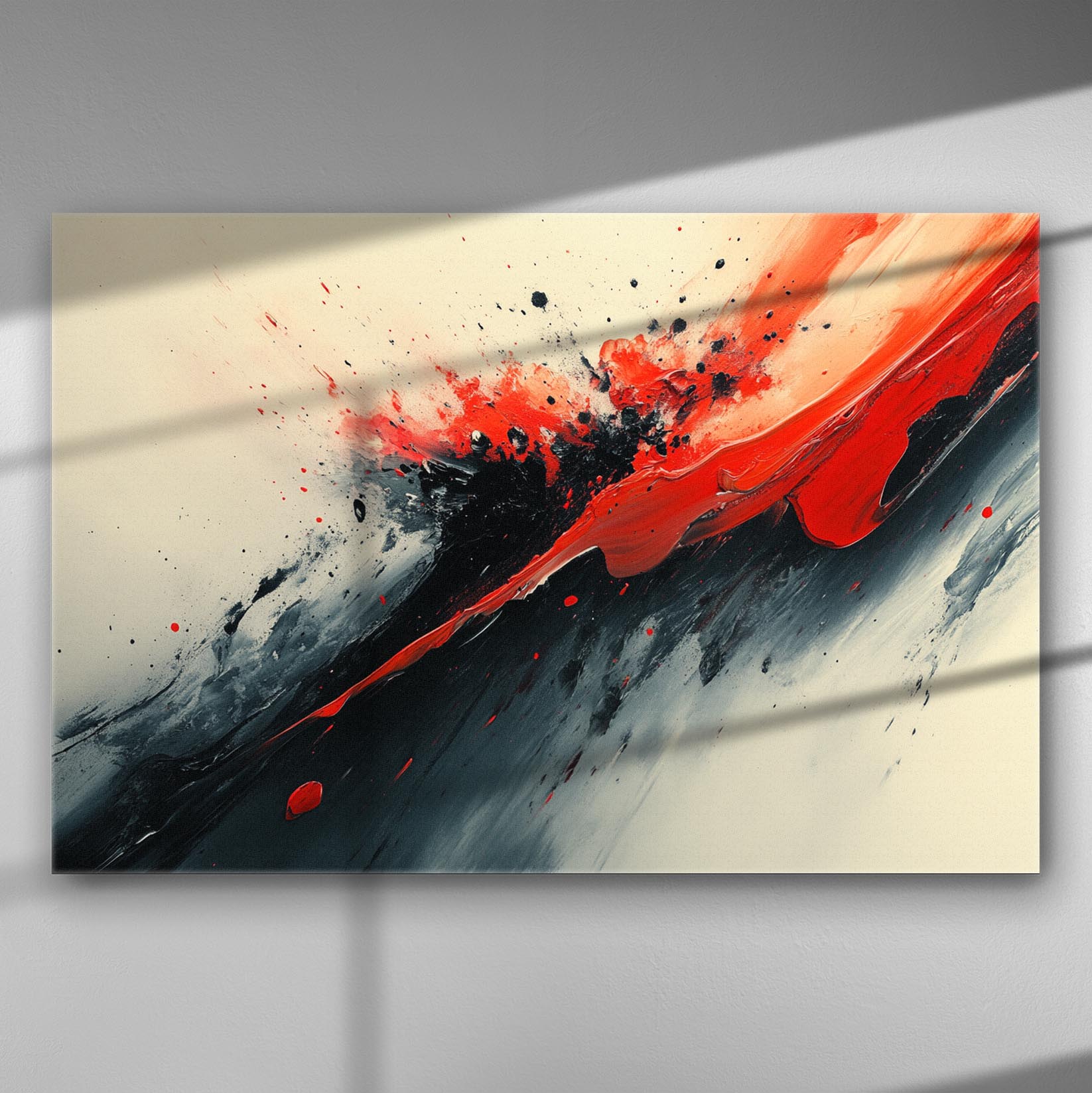 Abstract canvas with red and black dynamic paint splashes.