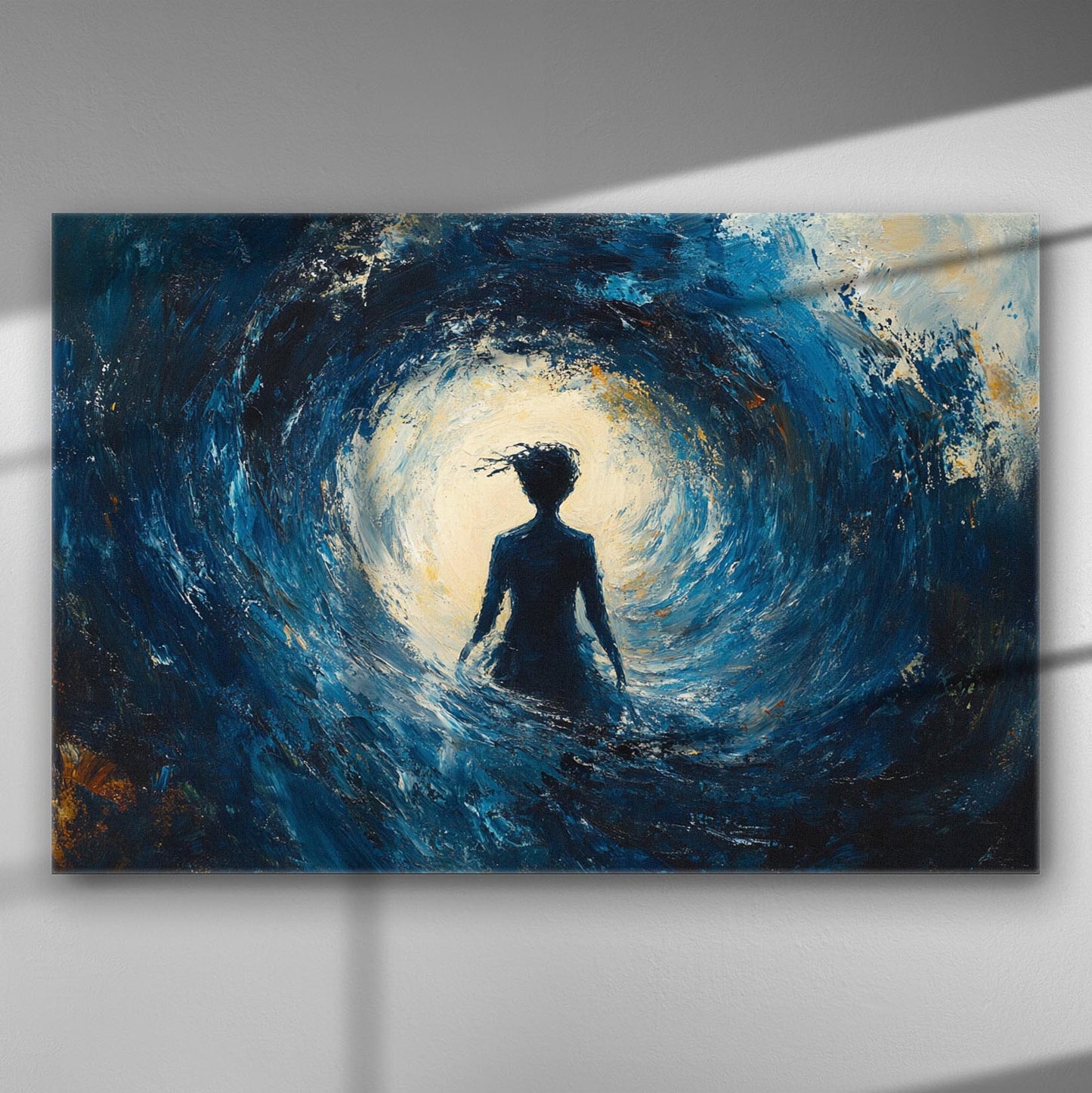 Silhouette in swirling blue and light tones canvas art print.