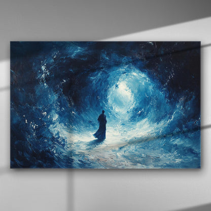 A mysterious figure walking towards a bright light in shades of blue and white.